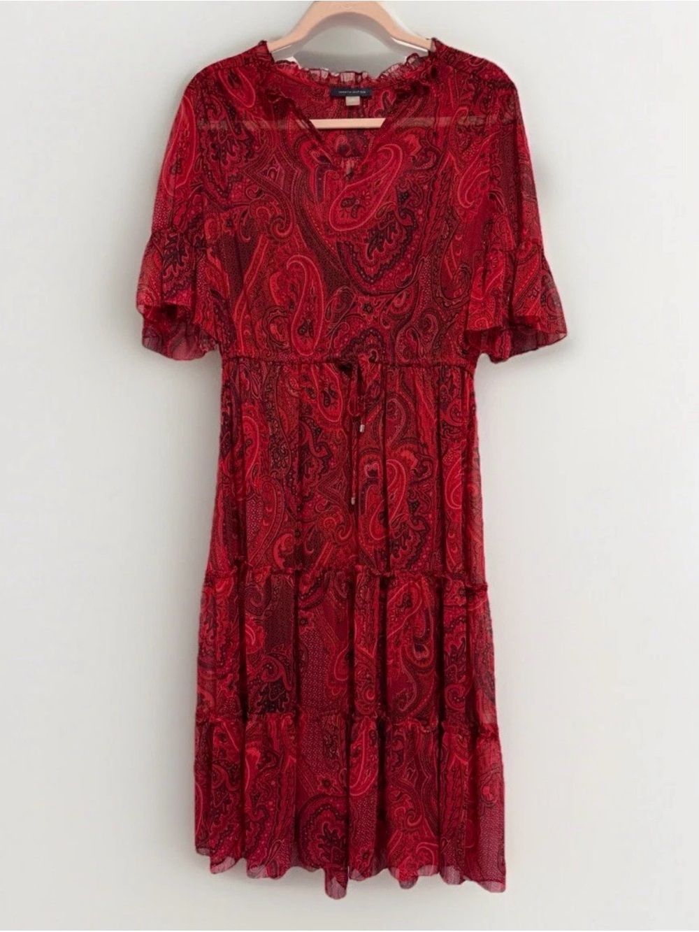Tommy Hilfiger Red Paisley Ruffle Tiered Midi dress size 8 medium lined